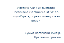 Участник АТИ «Б» выставил Претензию Участнику АТИ "А" по типу «Утрата, порча или недостача груза»
Сумма Претензии 150 т.р.
Претензия принята
