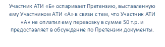 Участник АТИ «Б» оспаривает Претензию, выставленную ему Участником АТИ «А» в связи с тем, что Участник АТИ «А» не оплатил ему перевозку в сумме 50 т.р. и предоставляет в обсуждение по Претензии документы.